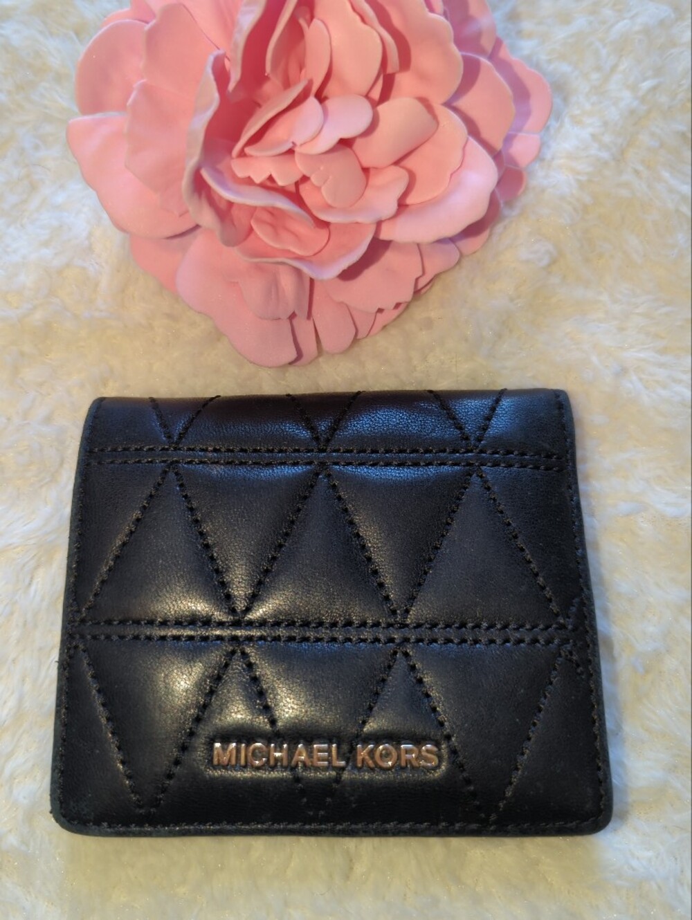 Michael Kors Black Quilted Leather Bifold Wallet with Gold Logo Plate
